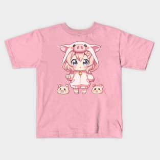 Cute manga girl with little piglets Kids T-Shirt